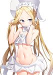  1girl abigail_williams_(fate/grand_order) abigail_williams_(swimsuit_foreigner)_(fate) absurdres bangs bare_shoulders bikini blonde_hair blue_eyes blush bonnet bow breasts fate/grand_order fate_(series) forehead hair_bow highres long_hair looking_at_viewer miniskirt navel parted_bangs sidelocks simple_background skirt small_breasts smile sog-igeobughae swimsuit thighs twintails very_long_hair white_background white_bikini white_bow white_headwear 
