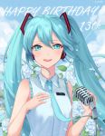  1girl :d absurdres bangs blue_eyes blue_hair blue_neckwear ching0912 collared_shirt day eyebrows_visible_through_hair floating_hair flower frilled_shirt frills hair_between_eyes hair_ornament happy_birthday hatsune_miku headphones highres holding holding_microphone_stand long_hair looking_at_viewer microphone_stand necktie open_mouth outdoors shiny shiny_hair shirt sleeveless sleeveless_shirt smile solo twintails upper_body very_long_hair vocaloid white_flower white_shirt wing_collar 