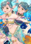  2girls :d absurdres air_bubble alternate_hairstyle aqua_hair bandeau bang_dream! bangs bare_shoulders belly_chain blurry_foreground breasts bubble card collarbone commentary_request cowboy_shot detached_collar ear_ornament ear_piercing earrings eyebrows_visible_through_hair fish green_eyes groin hair_between_eyes hamatsuka_nao head_chain highres hikawa_hina hikawa_sayo holding holding_card huge_filesize jewelry long_hair looking_at_viewer midriff multiple_girls navel one_side_up open_mouth outstretched_arms piercing shell_hair_ornament short_hair showgirl_skirt siblings sidelocks sisters small_breasts smile star_(symbol) star_earrings swept_bangs swimsuit thigh_strap twins underwater wrist_cuffs 