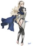 1girl armor ass blonde_hair blue_cape cape corrin_(fire_emblem) corrin_(fire_emblem)_(female) fire_emblem fire_emblem_fates hairband highres long_hair looking_at_viewer looking_back ozkh6 pointy_ears red_eyes silver_hair simple_background solo toeless_legwear 