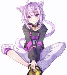  :3 ahoge animal_ear_fluff animal_ears asymmetrical_legwear black_collar cat_ears cat_girl cat_tail closed_mouth collar collarbone commentary head_tilt highres hololive hood hoodie indian_style long_sleeves looking_at_viewer midriff nanairomadani nekomata_okayu pants purple_hair shoes short_hair simple_background sitting smile sneakers tail violet_eyes virtual_youtuber white_background 