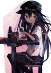  1girl absurdres akatsuki_(kantai_collection) anchor_symbol bangs black_skirt blue_eyes bottle chair cup drinking_glass flat_cap food hat highres holding holding_cup ichininmae_no_lady kaamin_(mariarose753) kantai_collection long_hair monster_energy pantyhose pleated_skirt purple_hair ramen sailor_collar school_uniform serafuku simple_background sitting skirt smile solo table two-tone_background wine_glass 