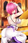  1girl arm_up ass back bangs bare_shoulders black_legwear blush breasts dress fate/grand_order fate_(series) hair_over_one_eye highres instrument large_breasts looking_at_viewer looking_back mash_kyrielight mouth_hold piano purple_hair sezoku short_hair violet_eyes white_dress wrist_cuffs 