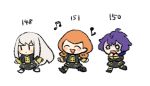  3girls annette_fantine_dominic beamed_eighth_notes bernadetta_von_varley blush_stickers chibi closed_eyes commentary_request eighth_note fire_emblem fire_emblem:_three_houses garreg_mach_monastery_uniform long_hair long_sleeves lysithea_von_ordelia messy_hair multiple_girls musical_note orange_hair single_tear triangle_mouth wavy_eyes wavy_mouth white_background white_hair yomico_2gou 