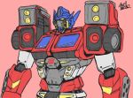  1boy artist_name autobot axelnekokitty english_commentary highres looking_up mecha no_humans optimus_prime pink_background redesign solo transformers upper_body yellow_eyes 