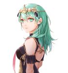  1girl byleth_(fire_emblem) byleth_eisner_(female) cosplay fire_emblem fire_emblem:_three_houses from_side green_eyes green_hair looking_to_the_side parted_lips ribbon_braid robaco simple_background solo sothis_(fire_emblem) sothis_(fire_emblem)_(cosplay) upper_body white_background 