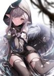  1girl ahoge arknights bangs bare_shoulders belt black_legwear blurry braid breasts crocodilian_tail depth_of_field dress feet_out_of_frame flower gloves goggles goggles_around_neck grey_eyes grey_gloves grey_hair hair_flowing_over hair_over_one_eye head_tilt highres hood hood_up konome_noi large_tail long_hair looking_away medium_breasts microdress pointy_ears shallow_water shoes side_braid silver_hair solo tail tail_ornament thigh-highs tomimi_(arknights) torn_clothes torn_dress torn_legwear very_long_hair water wet white_background white_flower 
