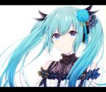 1girl bangs black_feathers black_ribbon blue_eyes blue_flower blue_hair blue_ribbon blue_rose closed_mouth eyebrows_visible_through_hair feathers floating_hair flower hair_between_eyes hair_feathers hair_flower hair_ornament hair_ribbon hatsune_miku highres long_hair looking_at_viewer ribbon rose shiny shiny_hair simple_background smile solo twintails upper_body very_long_hair vocaloid white_background yuki_(yuzuki) 
