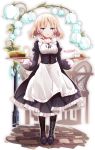  1girl apron black_dress black_footwear black_ribbon blonde_hair blue_eyes blue_flower boots breasts commentary_request cup dress drinking_glass flower food frilled_apron frilled_dress frills full_body highres holding holding_tray juliet_sleeves knee_boots long_hair long_sleeves looking_at_viewer maid milk neck_ribbon nijou_katame original puffy_sleeves ribbon robot_ears short_eyebrows small_breasts solo standing teacup thick_eyebrows tray twitter_username waist_apron white_apron 
