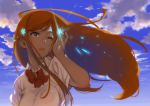  1girl bleach blue_sky bow bowtie clouds collared_shirt day floating_hair hair_ornament hand_in_hair hi_ros3 highres inoue_orihime long_hair one_eye_closed open_mouth orange_eyes orange_hair outdoors red_bow red_neckwear shirt short_sleeves sky solo upper_body very_long_hair white_shirt wind wind_lift wing_collar 