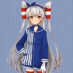  1girl adapted_costume amatsukaze_(kantai_collection) blue_dress blue_sailor_collar cocoperino cowboy_shot dress gloves hair_tubes kantai_collection lawson long_hair red_legwear sailor_collar sailor_dress short_dress silver_hair single_glove smokestack_hair_ornament solo striped striped_background striped_dress thigh-highs two_side_up white_gloves windsock 