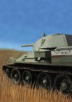  artist_request caterpillar_tracks day emblem grass ground_vehicle military military_vehicle motor_vehicle no_humans original t-34 tank 