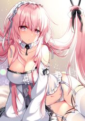  1girl arm_support azur_lane bangs bare_shoulders blush breasts crop_top detached_sleeves eyebrows_visible_through_hair garter_belt highres large_breasts long_hair looking_at_viewer navel panties perseus_(azur_lane) pink_eyes pink_hair ringo_sui sidelocks sitting solo thigh-highs underwear very_long_hair white_legwear white_panties 