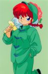  1980s_(style) 1girl bouquet braid carrying_over_shoulder chinese_clothes cowboy_shot flower fuurinkan_high_school_uniform genderswap genderswap_(mtf) green_headwear green_theme hair_ornament holding holding_bouquet legs_up long_sleeves official_art oldschool ranma-chan ranma_1/2 redhead saotome_ranma school_uniform simple_background single_braid solo star_(symbol) star_hair_ornament tangzhuang 