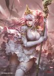  1girl antilous armlet armor army artist_name bangs blurry blurry_background braid breasts cape chess_piece commentary_request cowboy_shot dress elbow_gloves elf english_text faceless faceless_male fantasy flag floating_hair garters gloves half_updo headgear holding holding_staff large_breasts lips long_hair original parted_lips pink_hair pointy_ears red_eyes red_lips short_dress shoulder_armor silver_hair sky solo_focus spaulders staff thigh-highs white_dress white_gloves white_legwear zettai_ryouiki 