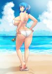  1girl adjusting_clothes adjusting_swimsuit ass bikini blue_hair breasts clouds crab curvy erkaz eyepatch_bikini footprints highres holding huge_breasts looking_back original pink_eyes rina_atherina sand sandals side-tie_bikini sideboob swimsuit tied_hair white_bikini white_footwear 