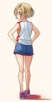  1girl ass blonde_hair commentary_request ear_piercing from_behind full_body hair_over_one_eye hands_on_hips highres idolmaster idolmaster_cinderella_girls kakaobataa piercing profile red_eyes shirasaka_koume shoes short_hair shorts simple_background sneakers solo sportswear tank_top white_background 