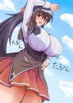  1girl arms_up bangs black_hair blush bouncing_breasts breasts clouds eyebrows_visible_through_hair hand_on_hip high_ponytail high_school_dxd highres himejima_akeno huge_breasts impossible_clothes kuoh_academy_school_uniform long_hair long_sleeves open_mouth orange_ribbon ribbon school_uniform sky smile solo very_long_hair violet_eyes yamagami12345 