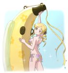  1girl arms_up bikini blonde_hair blush breast_press breasts drill_hair floral_print flower from_behind hair_flower hair_ornament highres looking_at_viewer looking_back mahou_shoujo_madoka_magica medium_breasts parted_lips ryunosuke1973 smile solo swimsuit tomoe_mami twin_drills 
