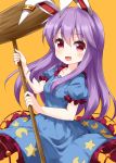 1girl animal_ears blue_dress blush cosplay crescent dress frilled_dress frills highres holding holding_mallet kine long_hair mallet open_mouth orange_background purple_hair rabbit_ears red_eyes reisen_udongein_inaba ruu_(tksymkw) seiran_(touhou) seiran_(touhou)_(cosplay) short_sleeves simple_background solo star_(symbol) touhou 
