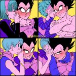  1boy 1girl age_progression amartbee artist_name black_hair blue_hair blush bulma covering_mouth crossed_arms dragon_ball dragon_ball_super dragon_ball_z earrings embarrassed eyebrows_visible_through_hair hairband hand_on_another&#039;s_shoulder headband highres husband_and_wife jewelry scarf shirtless short_hair smile spiky_hair sweat vegeta vest whispering 