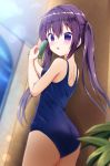  1girl ass blue_swimsuit blurry breasts commentary_request cowboy_shot depth_of_field from_behind gochuumon_wa_usagi_desu_ka? highres inakami long_hair looking_at_viewer medium_breasts plant purple_hair school_swimsuit solo standing swimsuit tedeza_rize violet_eyes water_gun 