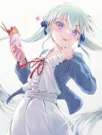  1girl :p arigato_(rmskrtkdlqj) bangs blue_bow blue_jacket blush bow center_frills closed_mouth collared_shirt commentary crepe eyebrows_visible_through_hair finger_licking food frills green_hair grey_background hair_between_eyes hair_bow hands_up heart highres holding holding_food jacket licking long_hair long_sleeves looking_at_viewer neck_ribbon open_clothes open_jacket original pleated_skirt red_ribbon ribbon shirt skirt smile solo symbol_commentary tongue tongue_out twintails very_long_hair violet_eyes white_shirt white_skirt 
