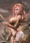  1girl antilous armor army arrow_(projectile) bare_shoulders bikini_armor blurry blurry_background bow_(weapon) braid breasts chess_piece chinese_commentary commentary_request cowboy_shot detached_sleeves earrings elf english_text eyelashes fingernails flag forehead_jewel from_side head_chain headgear holding holding_arrow holding_weapon jewelry knight_(chess) large_breasts lips long_hair looking_away makeup mascara medium_breasts navel orange_eyes original pearl_earrings pelvic_curtain pink_hair pointy_ears ponytail red_lips see-through sharp_fingernails showgirl_skirt solo_focus thigh-highs thigh_strap veil weapon 