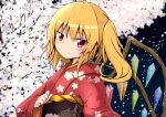  1girl alternate_costume bangs blonde_hair blush commentary_request crystal eyebrows_visible_through_hair flandre_scarlet floral_print highres ikusu_(ikustasy) japanese_clothes kimono looking_at_viewer medium_hair no_hat no_headwear obi one_side_up red_eyes red_kimono sash sidelocks sleeves_past_wrists solo touhou wings 