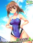  1girl angel_beats! brown_eyes brown_hair competition_swimsuit hands_on_hips hisako_(angel_beats!) juusensha_koubou long_hair official_art one-piece_swimsuit ponytail solo swimsuit 