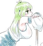  1girl bare_shoulders breasts detached_sleeves frogsnake from_side green_eyes green_hair kochiya_sanae large_breasts leaning long_hair pole sideboob simple_background solo touhou white_background 