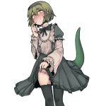  1boy bill_(black_souls) black_souls bow bulge crossdressinging dress green_hair grey_bow grey_dress grey_hairband hairband hand_up highres lifted_by_self lizard_tail long_sleeves orange_eyes otoko_no_ko panties pigeoncrow puffy_sleeves short_hair simple_background slit_pupils smile solo tail thigh-highs underwear white_background white_panties 