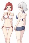  2girls absurdres ass back bangs bikini bikini_skirt black_bikini blue_bikini blue_eyes blunt_bangs blunt_ends bob_cut bracelet breasts closed_mouth commentary from_behind green_eyes hair_bun hand_on_own_chest highres jewelry kosegawa_shiromi light_frown looking_at_viewer looking_back medium_breasts multiple_girls navel open_mouth redhead reisaki_(tokisaki24) saki side-tie_bikini silver_hair simple_background smile standing striped striped_bikini swimsuit thigh-highs usuzawa_sae white_background white_bikini 