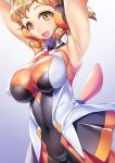  1girl armpits arms_up bodysuit breasts brown_hair covered_nipples hair_ornament hairclip headgear highres impossible_bodysuit impossible_clothes katourennyu large_breasts looking_at_viewer open_mouth orange_bodysuit orange_eyes senki_zesshou_symphogear shiny shiny_clothes shiny_hair shiny_skin short_hair skin_tight sleeveless smile solo standing tachibana_hibiki_(symphogear) 