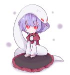1girl animal_on_head black_skirt bright_pupils chibi commentary_request cosmicmind full_body long_skirt long_sleeves looking_at_viewer mishaguji on_head puffy_sleeves purple_hair red_eyes red_shirt seiza shirt short_hair sitting skirt slit_pupils snake solo touhou white_background white_pupils white_shirt white_snake yasaka_kanako