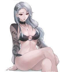  1girl bikini black_bikini breasts brown_eyes choker commentary crossed_legs earrings highres jewelry long_hair medium_breasts niijima_sae o-ring o-ring_bikini persona persona_5 silver_hair simple_background sitting solo swimsuit the_kingduke thighs white_background 