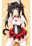  1girl alternate_costume animal_ears bangs bell black_hair blunt_bangs border breasts cat_ears cat_girl cat_tail collarbone detached_collar enmaided eyebrows_visible_through_hair hair_ribbon heart highres kemonomimi_mode layered_skirt long_hair maid miniskirt open_mouth pleated_skirt r-binon red_eyes red_ribbon red_skirt ribbon senki_zesshou_symphogear shiny shiny_hair short_sleeves sitting skirt small_breasts solo tail thigh-highs tsukuyomi_shirabe twintails very_long_hair white_border white_legwear wrist_cuffs zettai_ryouiki 