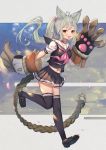  1girl :d ahoge animal_ear_fluff animal_ears bangs black_footwear black_legwear black_serafuku black_shirt black_skirt blush bow brown_eyes claw_(weapon) commentary_request erune eyebrows_visible_through_hair fangs floating_hair full_body granblue_fantasy grey_hair hair_bow highres loafers long_hair looking_at_viewer midriff_peek navel neckerchief open_mouth pink_bow pink_neckwear pleated_skirt ponytail sailor_collar school_uniform sen_(granblue_fantasy) serafuku shirt shoes short_sleeves skirt smile solo standing standing_on_one_leg thigh-highs uneg very_long_hair weapon white_sailor_collar 