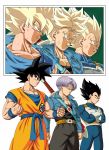  3boys absurdres armor belt black_eyes black_hair black_shirt blonde_hair blue_eyes bruise_on_face clenched_hands clenched_teeth closed_mouth crossed_arms dbkenkyuusei dragon_ball dragon_ball_z father_and_son gloves green_eyes grin highres huge_filesize jacket male_focus manly multiple_boys multiple_views muscle purple_hair serious shirt smile son_gokuu spiky_hair standing super_saiyan super_saiyan_1 sword sword_behind_back teeth torn_clothes trunks_(future)_(dragon_ball) vegeta weapon white_background white_gloves 