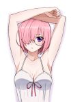  1girl armpits arms_up bangs breasts camisole collarbone eyebrows_visible_through_hair fate/grand_order fate_(series) glasses hair_over_one_eye julius_yu long_hair looking_at_viewer mash_kyrielight medium_breasts pink_hair short_hair solo upper_body violet_eyes white_background 