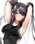  1girl absurdres armpits arms_behind_head arms_up bangs bare_shoulders black_swimsuit blue_eyes blush breasts double_bun fate/grand_order fate_(series) hair_ornament highres large_breasts leaf_hair_ornament long_hair looking_at_viewer one-piece_swimsuit purple_hair sidelocks silver_(chenwen) simple_background swimsuit twintails very_long_hair white_background yang_guifei_(fate/grand_order) 