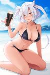  1girl absurdres alcohol beach beer bikini black_bikini black_nails blush breasts clouds cup dark_skin day glasses highres holding holding_cup kantai_collection large_breasts long_hair musashi_(kantai_collection) nail_polish open_mouth outdoors pinky_out red_eyes sand sitting sky solo swimsuit twintails white_hair yunamaro 
