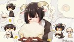  2boys animal_ears black_hair black_sweater brown_eyes chibi closed_eyes collared_shirt commentary_request eyebrows_visible_through_hair goat_boy goat_boy_(tsubaki_tsubara) goat_ears goat_horns goat_tail horizontal_pupils horns multiple_boys original sheep sheep_boy sheep_boy_(tsubaki_tsubara) sheep_ears sheep_horns sheep_tail shirt short_hair signature sweater tail tsubaki_tsubaru white_shirt yellow_eyes 