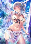  1girl bangs bare_shoulders bikini blush bracelet breasts day eyebrows_visible_through_hair front-tie_bikini front-tie_top grey_hair hair_ornament highres holding jewelry large_breasts looking_at_viewer medium_hair multi-strapped_bikini natsutomoki navel necklace open_mouth original sarong see-through solo star_(symbol) star_hair_ornament swimsuit thigh_strap translucent translucent_sarong violet_eyes white_bikini 