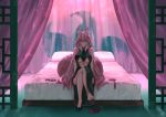  1girl absurdres animal_ear_fluff animal_ears bare_shoulders barefoot bed breasts center_opening china_dress chinese_clothes choker crossed_legs dress fate/grand_order fate_(series) fox_ears fox_tail glasses high_heels highres koyanskaya large_breasts long_hair on_bed ootato pillow pink_hair shoe_removed shoes sideboob single_shoe sitting sitting_on_bed solo tail tamamo_(assassin)_(fate) tamamo_(fate)_(all) under_boob very_long_hair 