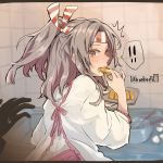  1boy 1girl blurry bowl commentary_request counter cowboy_shot depth_of_field eating from_behind grey_hair hachimaki headband high_ponytail kantai_collection kappougi kitchen long_hair looking_at_viewer looking_back omelet ruohire9 tamagoyaki tile_wall tiles zuihou_(kantai_collection) 