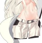  1girl arknights belt breasts close-up crop_top cropped_legs horse_tail long_hair medium_breasts midriff mikuning navel no_bra platinum_(arknights) short_shorts shorts simple_background solo stomach tail under_boob upper_body white_background white_hair white_shorts 