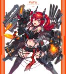  1girl angry arm_blade arm_tattoo asymmetrical_arms barcode_tattoo bare_shoulders bayonet commentary_request cyborg facial_tattoo fangs finger_on_trigger gia gun highres legs_apart looking_at_viewer mecha_musume midriff navel original prosthesis prosthetic_arm red_eyes redhead rifle scar science_fiction short_shorts shorts solo tattoo thigh-highs torn_clothes twintails uneven_eyes weapon 