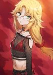  1girl alternate_costume alternate_hairstyle bangs black_collar blonde_hair bra breasts collar collarbone eyebrows_visible_through_hair fate/apocrypha fate/grand_order fate_(series) fishnet_top fishnets glasses green_eyes highres long_hair looking_at_viewer mordred_(fate) mordred_(fate)_(all) navel parted_bangs photoshop_(medium) ponytail red_background red_bra red_scrunchie scrunchie simple_background small_breasts solo tonee underwear upper_body 