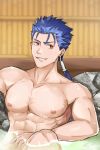  1boy blue_hair collarbone cu_chulainn_(fate)_(all) earrings fate/stay_night fate_(series) grin hair_strand highres jewelry lancer long_hair looking_at_viewer male_focus neck onsen pectorals ponytail red_eyes scheelite smile solo water wet 